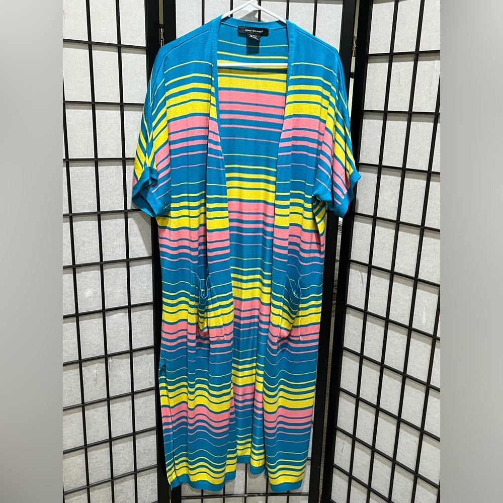 Ashley Stewart Teal Knit MAXI CARDIGAN with Yellow & Pink STRIPES SIZE 22-24